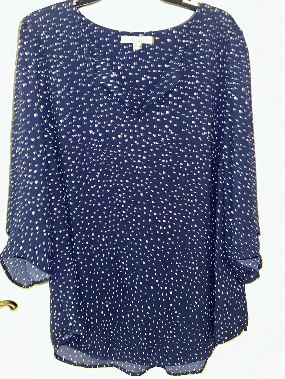 Navy White Dot V-Neck Blouse - Lightweight Women's Top